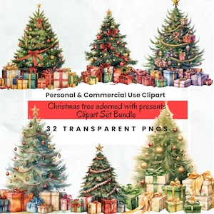 Watercolor Christmas Tree Clipart Set, Winter Holiday PNG (Digital Download)