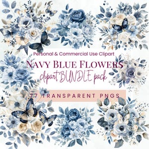 Aquarela Azul Marinho Azul Floral Clipart, Arranjo de Flores, Buquê de Casamento de Inverno, Uso Comercial Gratuito, Flor PNG, Download Instantâneo, SVG