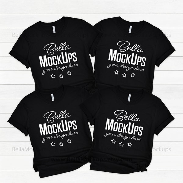 Black Group Shirts Mockup image - Black Bella Canvas 3001 tshirt square mockup image (JPG), group shirt mockup - stock image of four shirts