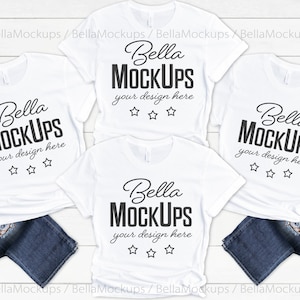 four 4 white t-shirts mock up / group tshirts mockup / multiple white tshirts mockup / white tees mockup / Bella Canvas 3001 t-shirt mockup