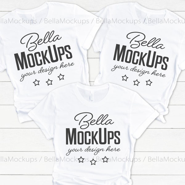 three 3 white t-shirts mock up / group tshirts mockup / multiple white tshirts mockup / white tees mockup / Bella Canvas 3001 t-shirt mockup