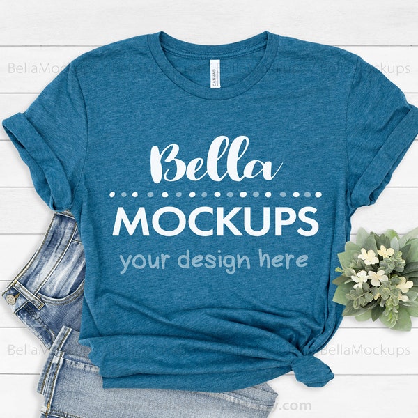 Bella+Canvas 3001 Heather Deep Teal tshirt MOCKUP image / shiplap background / styled flatlay t-shirt mock-up, lifestyle photo/image