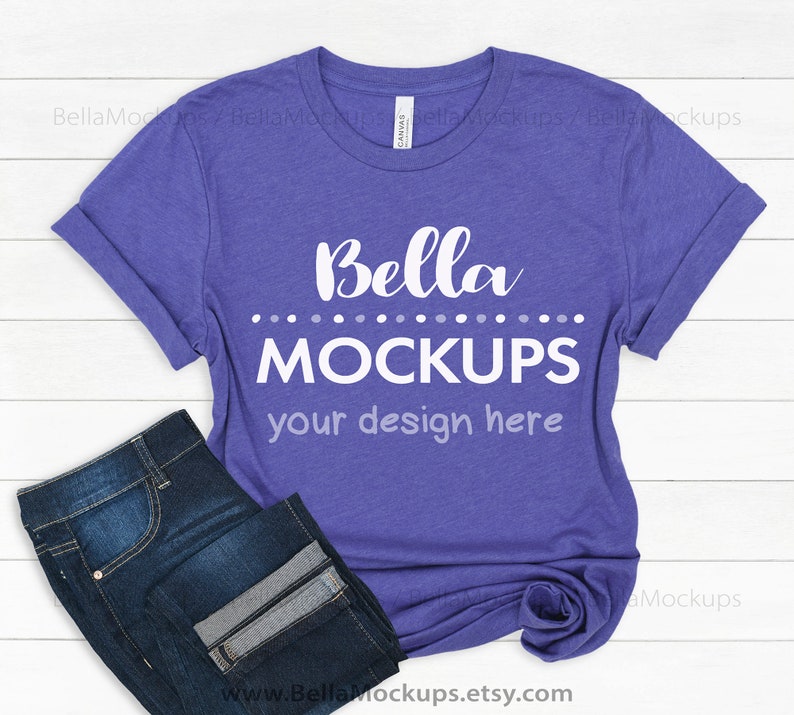Heather Lapis Mockup purple tshirt Mock up Bella+Canvas 3001 Heather Lapis Mockup purple t-shirt stock photo shirt flatlay shiplap