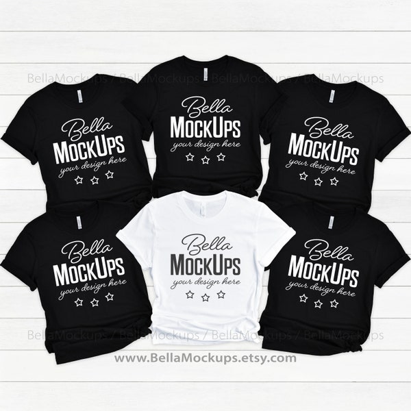 bridal party tshirt mock up / group tshirts mockup / multiple tshirts mockup / black and white group shirts / Bella Canvas 3001 shirt mockup