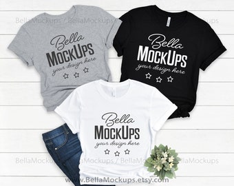 three tshirts mock up / heather Athletic Gray, black and white tshirt mockup image / Bella Canvas 3001 t-shirt mockup / Bridal tshirt Mockup