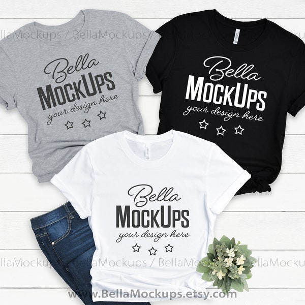 three tshirts mock up / heather Athletic Gray, black and white tshirt mockup image / Bella Canvas 3001 t-shirt mockup / Bridal tshirt Mockup