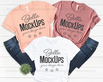 three tshirts mock up /  heather peach, mauve, white / tshirts mockup / Bella Canvas 3001 t-shirt mockup / Bridal tshirt Mockup