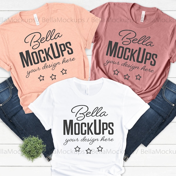 three tshirts mock up /  heather peach, mauve, white / tshirts mockup / Bella Canvas 3001 t-shirt mockup / Bridal tshirt Mockup