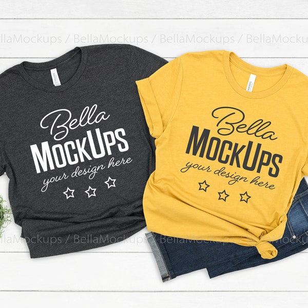 Gray and Yellow Gold tshirt Mockup / his and hers tshirt MOCKUP image / Bella Canvas Dark Gray Heather and Yellow Gold / couples tshirts