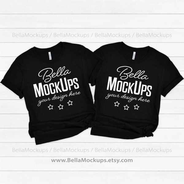 Mockup Photo of two (2) black tshirts / Bella Canvas 3001 t-shirts Mockup / multiple family black shirts stock photo / flatlay, shiplap