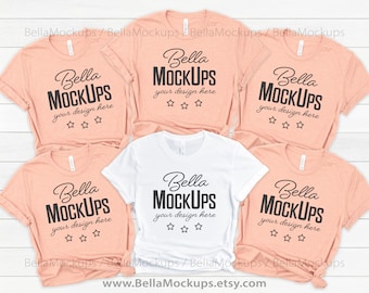 bridal party tshirt mock up / group tshirts mockup / multiple tshirts mockup / white, heather peach / Bella Canvas 3001 t-shirt mockup