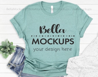 Heather Prism Dusty Blue / Bella Canvas tshirt Mockup Photo / Bella+Canvas shirt mock-up / tshirt stock photo / shirt flatlay / shiplap