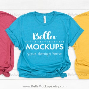 Bella Canvas 3001 t-shirt color options / Heather Raspberry, Heather AQUA, Heather Yellow Gold / multiple color shirts mockup image
