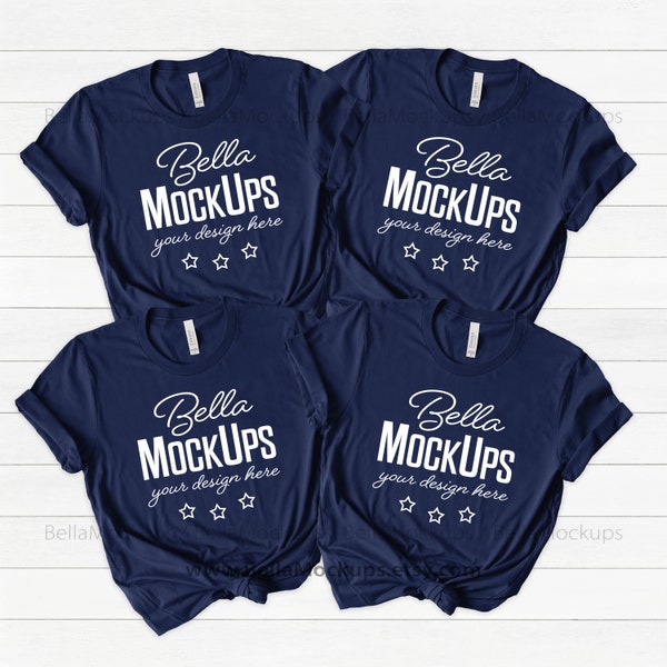 Bella Canvas Navy Group Shirts square Mockup image, Bella Canvas 3001 tshirt mockup (JPG), group shirt mockup, stock image of four shirts