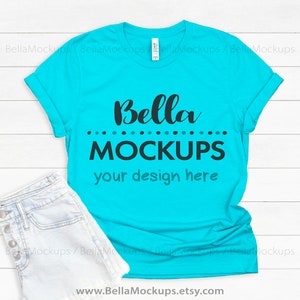 Heather Sea Green Mockup photo / Bella Canvas 3001 tshirt Mockup / Bella+Canvas Heather Sea Green mock-up / teal t-shirt flatlay