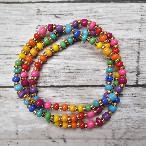 Lot de 3 - Bracelets extensibles arc-en-ciel et dorés - Bracelets extensibles empilables de perles de rocaille lumineuses