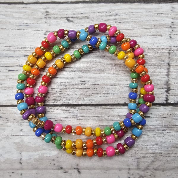 Set of 3 - Rainbow and Gold Stretch Bracelets- Bright Seed Bead Stretch Stacking Bracelets