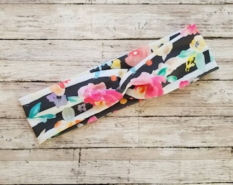 Black Floral Stripe Stretch Headband