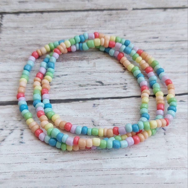 Set of 3 - Summer Pastel Rainbow -  Seed Bead Stretch Stacking Bracelets