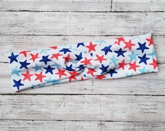 Red and Blue Stars on White Stretch Headband - Patriotic- Fourth of July