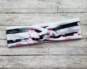 Black Stripe with Pink Hearts Stretch Headband, Valentines Headband