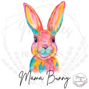 Può includere: Un dipinto ad acquerello di un coniglio colorato con il testo "Mama Bunny" sotto. Il coniglio ha una pelliccia rosa con accenti blu, gialli e arancioni. Lo sfondo è bianco.
