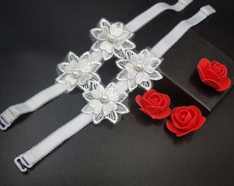 Decorative bra straps BIG Flowers BS002477 White