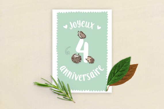 Carte Joyeux Anniversaire 4 Ans Herisson Etsy France