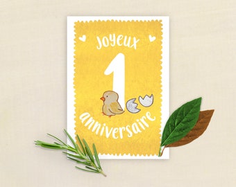 Carte joyeux anniversaire 1 an poussin