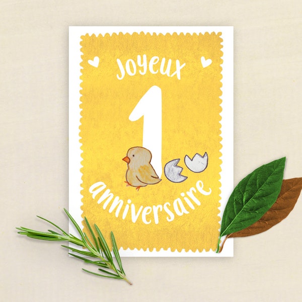 Carte joyeux anniversaire 1 an poussin