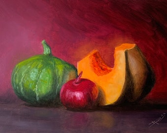 Pompoen en ui stilllife - olieverfschilderij