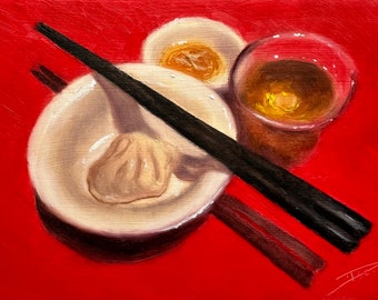 15x10cm Oil Painting of a Chinese dumpling and tea