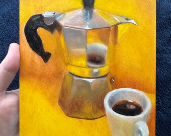 15x20cm Oil Painting of a “Moka express” coffeemaker