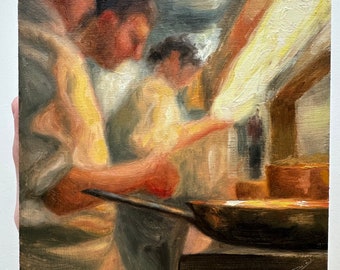 Oilpainting of chefs in a restaurant kitchen