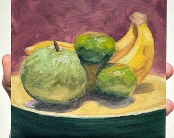 Pintura al óleo de un bodegón de frutas tropicales