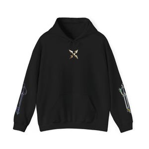 May include: Black hooded sweatshirt with a front pocket and drawstring. The chest features a gold and silver emblem. The sleeves have key-shaped designs in shades of blue, gray, and green. A casual, comfortable garment.
