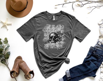 Floral Skull T-Shirt - Gothic Skeleton & Roses Tee