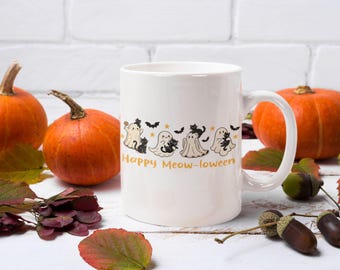 Halloween Cat Mug – Cozy Ghost & Black Cat Coffee Cup Gift