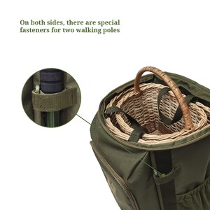 May include: A green canvas backpack with a wicker basket inside. The backpack has a zipper and a strap on the side for holding walking poles.  "On both sides, there are special fasteners for two walking poles" is written on the top of the image.