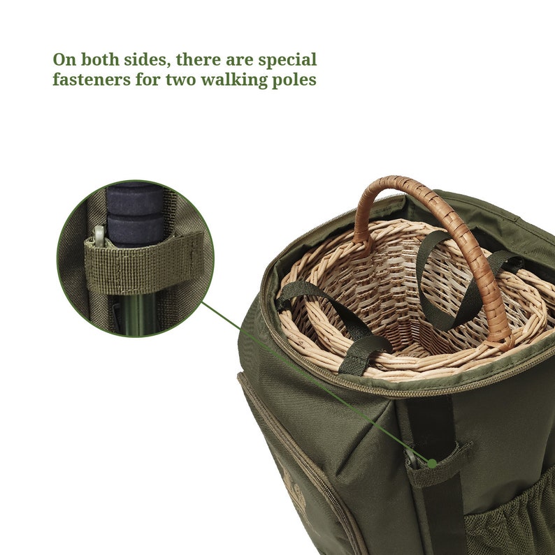 May include: A green canvas backpack with a wicker basket inside. The backpack has a zipper and a strap on the side for holding walking poles.  "On both sides, there are special fasteners for two walking poles" is written on the top of the image.