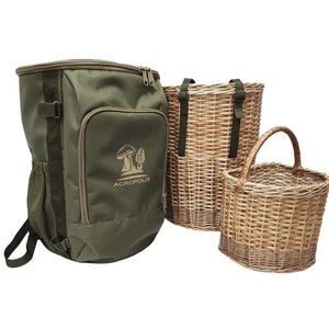 May include: A green canvas backpack with the word "ACROPOLIS" and a mushroom graphic. The backpack is next to two wicker baskets with handles.