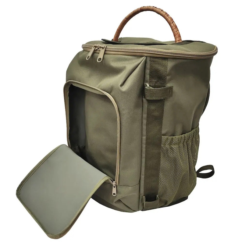May include: A green canvas backpack with a brown leather handle and a zippered front pocket. The backpack has a mesh side pocket and a padded laptop compartment.