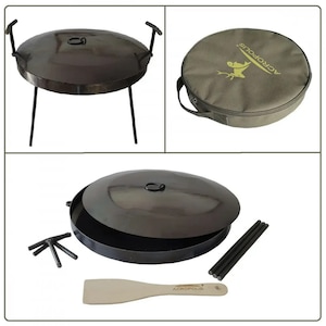 May include: A black metal fire pit with a lid and a wooden spatula. The fire pit is on a set of legs and comes with a carrying case. The carrying case is green with the word "ACROPOLIS" printed on it.