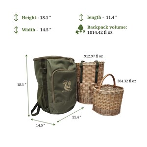 May include: A green canvas backpack with a mushroom logo and two wicker baskets. The backpack is 18.1 inches tall, 14.5 inches wide, and 11.4 inches long. The backpack has a volume of 1014.42 fluid ounces. The larger basket has a volume of 912.97 fluid ounces. The smaller basket has a volume of 304.32 fluid ounces.