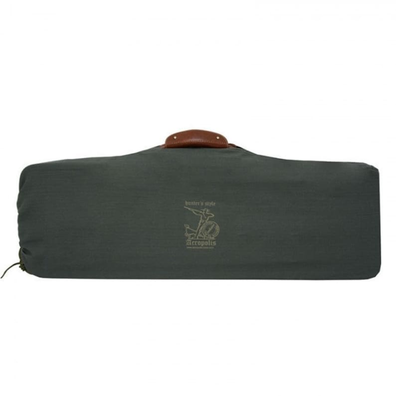 May include: A dark green canvas gun case with a brown leather handle. The case has a logo that says "Hunter's Style" and "Acropolis" in gold lettering.