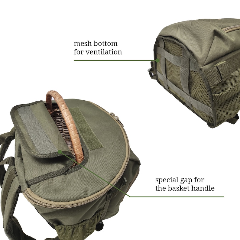 May include: Green canvas backpack with a mesh bottom for ventilation. The backpack has a special gap for a basket handle.