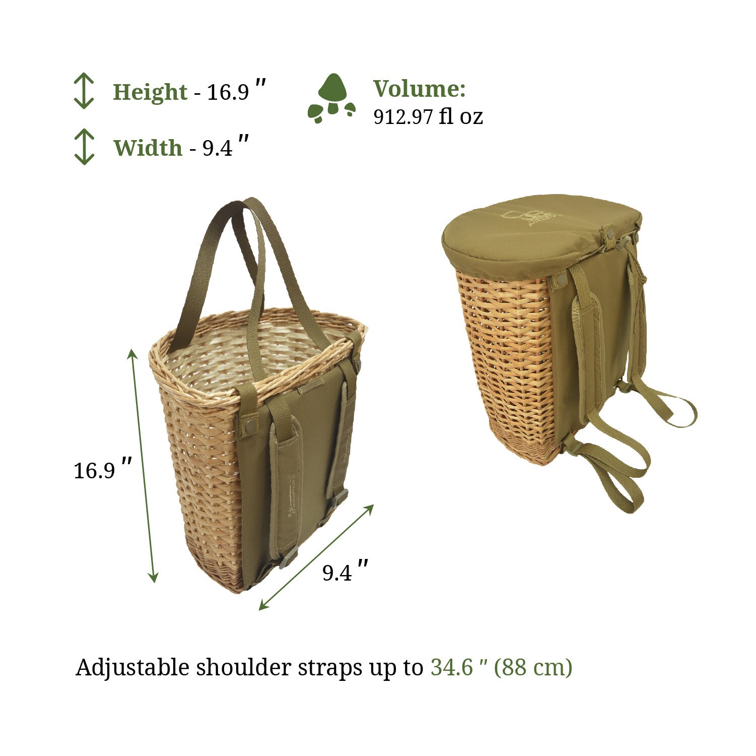 Panier à Champignons En Osier - Sac à Dos Cueillette - Polyester Imperméable - 52x35x26cm - 9