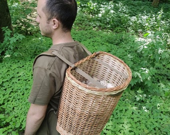 Foraging basket backpack, rucksack for mushroom picking, hunting. Wicker basket, bag for gathering berries, fruits. Father's, husband's gift