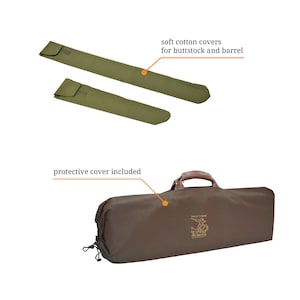 May include: A brown gun case with a leather handle and a logo that says "Hunter's Guide" and "Metropolis" on the front. The case comes with two green cotton covers for the buttstock and barrel of a gun.