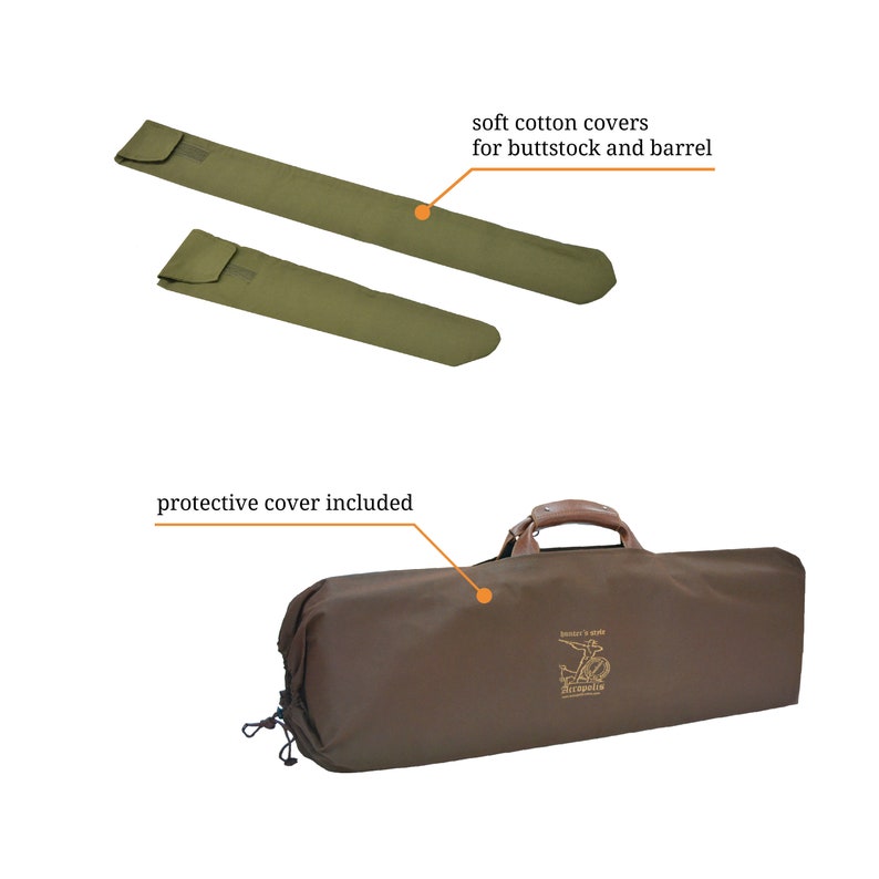May include: A brown gun case with a leather handle and a logo that says "Hunter's Guide" and "Metropolis" on the front. The case comes with two green cotton covers for the buttstock and barrel of a gun.